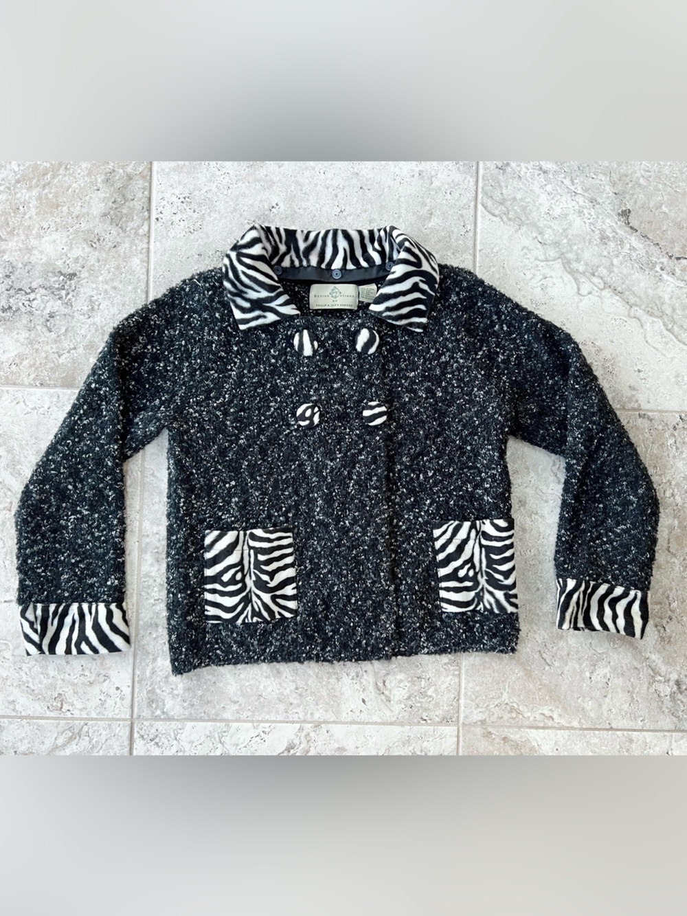 Design Options Y2K Vintage Zebra Trim Boucle Knit Jacket Blazer Pockets, Small